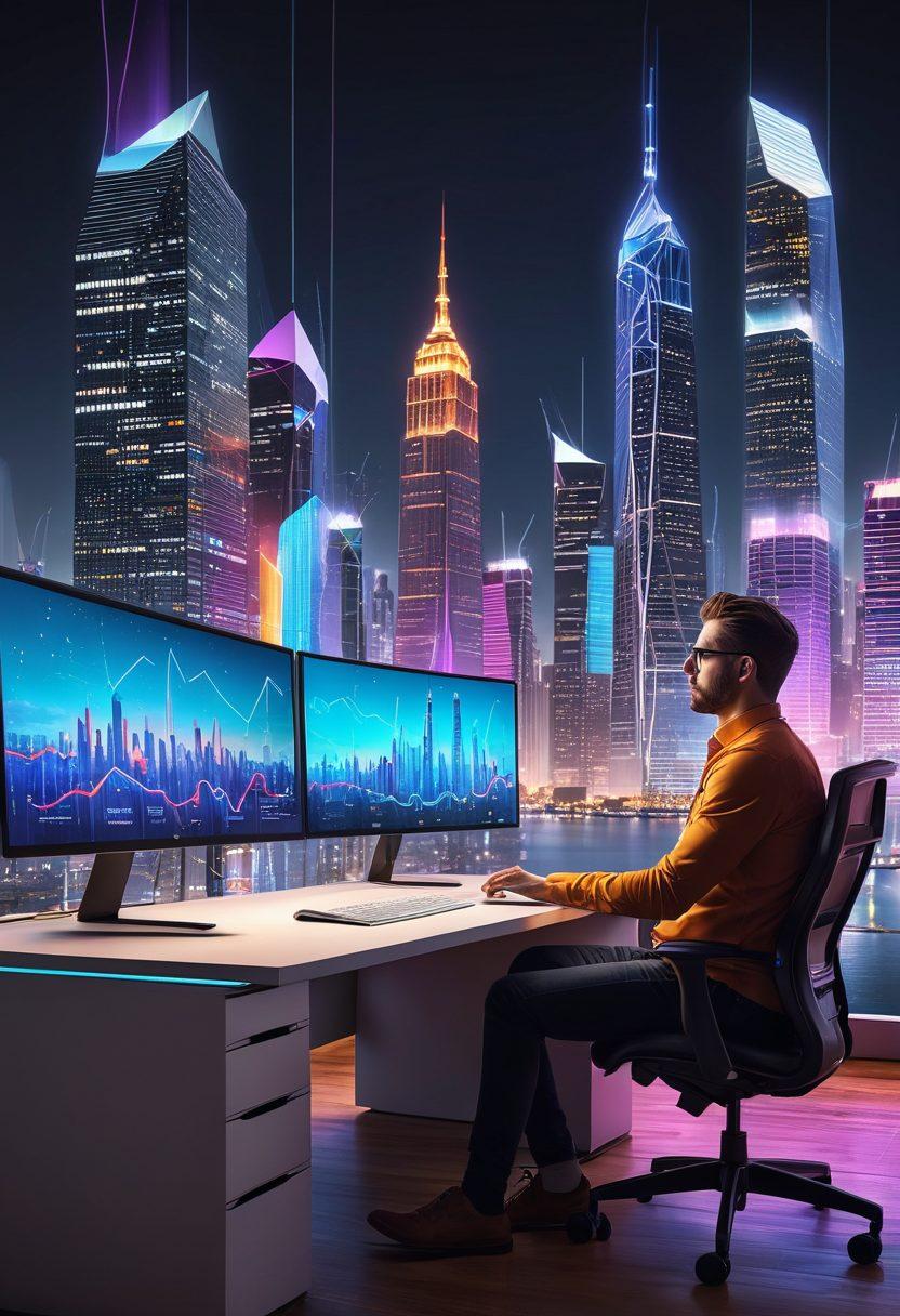 A dynamic scene depicting a digital marketer in a creative workspace, surrounded by glowing data graphs, storytelling elements like books and a digital screen with SEO keywords highlighted. The background showcases a vibrant city skyline symbolizing digital growth, with a sense of energy and innovation. bright colors. super-realistic. high-tech atmosphere.