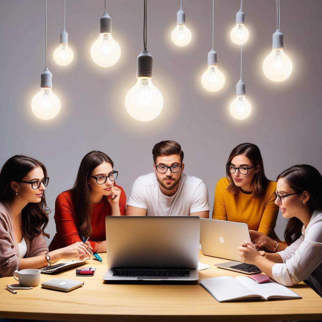 A vibrant scene showcasing a diverse group of bloggers passionately writing with various tools like laptops, notebooks, and cameras, surrounded by colorful thought bubbles filled with creative ideas and keywords like 'content', 'marketing', and 'voice'. A bright light bulb symbolizes inspiration above them, creating an atmosphere of collaboration and innovation. super-realistic. vibrant colors. white background.